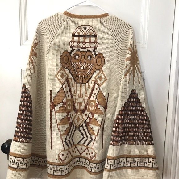 Vintage Clarke Fashions Ivory Mayan Boho Tiki Poncho Sweater One Size - Picture 4 of 8